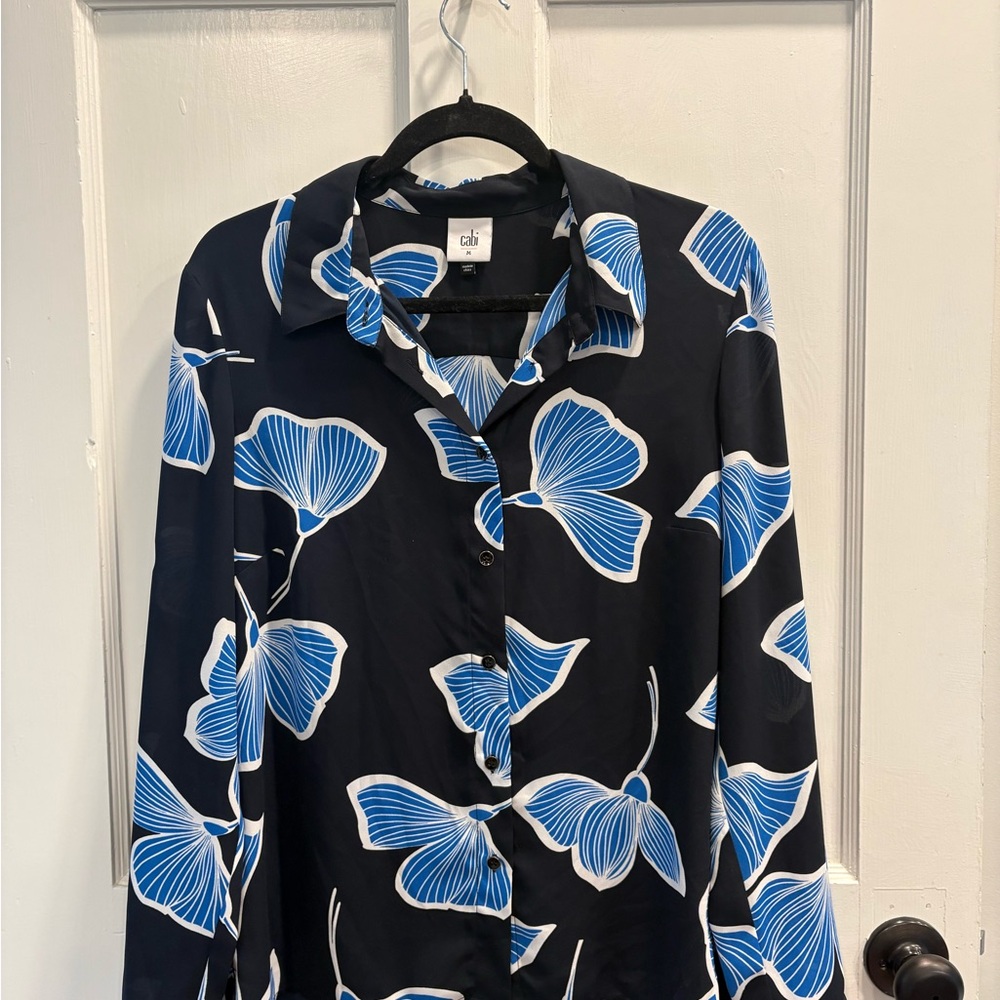 CAbi Regal Blouse Black and Blue Floral Shirt